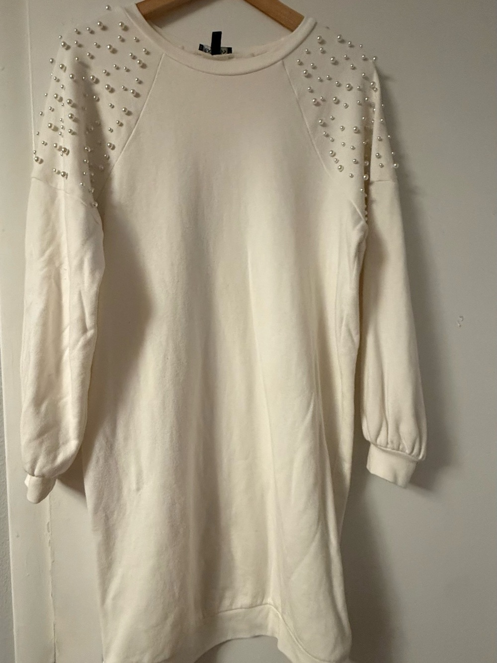 Express Cream Pearl-Embellished Long Sleeve Dress